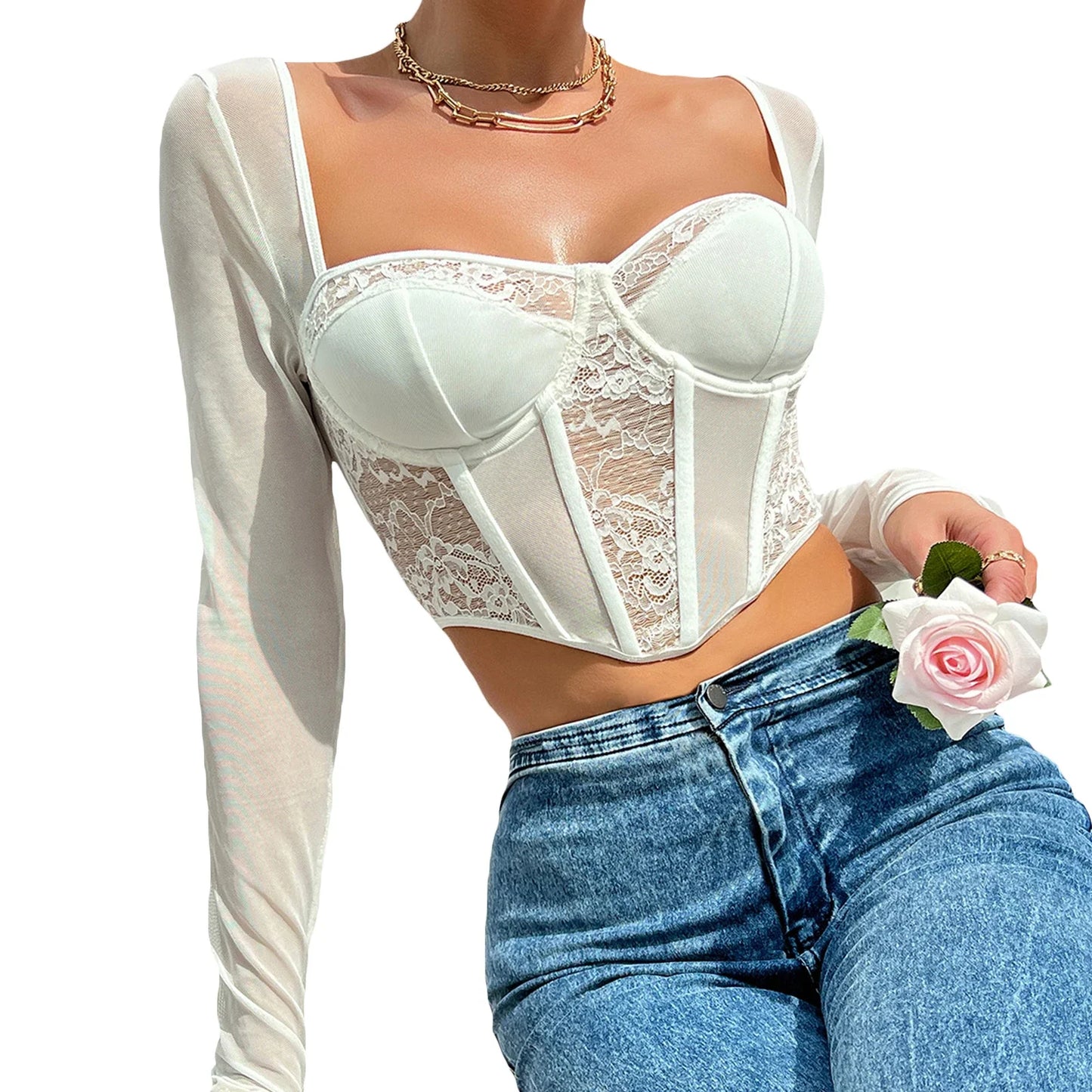 antmvs-Women Y2k Lace Patchwork Corset Crop Tops Sexy V Neck Long Sleeve T-shirt See Through Open Back Bustier Shirt Streetwear