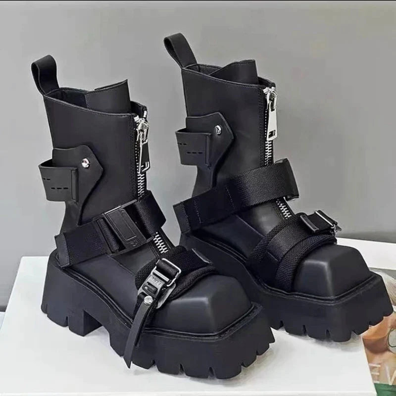 antmvs-Genuine Leather Boots Women  Tube Platform Boots Belt Buckle Design Cool Biker Botas Square Thick Bottom Head Ankle Boots