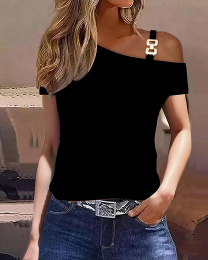 antmvs Top Women  Summer Fashion Simple Metal Buckle Oblique Collar Casual Short-Sleeved Printed T-Shirt Top Y2K Clothes