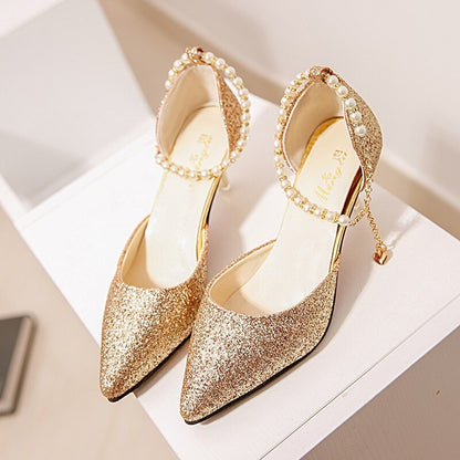 Amozae   Pointed toe Pearl High heels shoes Female Fashion hollow with Sandals Paillette of the Thin Breathable shoes Women Pumps
