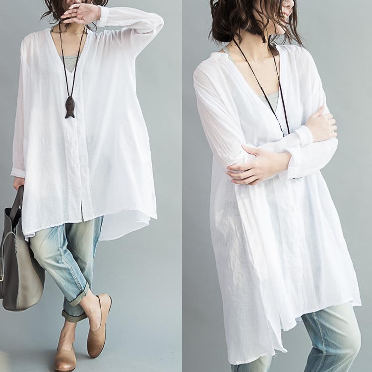 V neck oversize white cotton blouses tunic cotton dresses