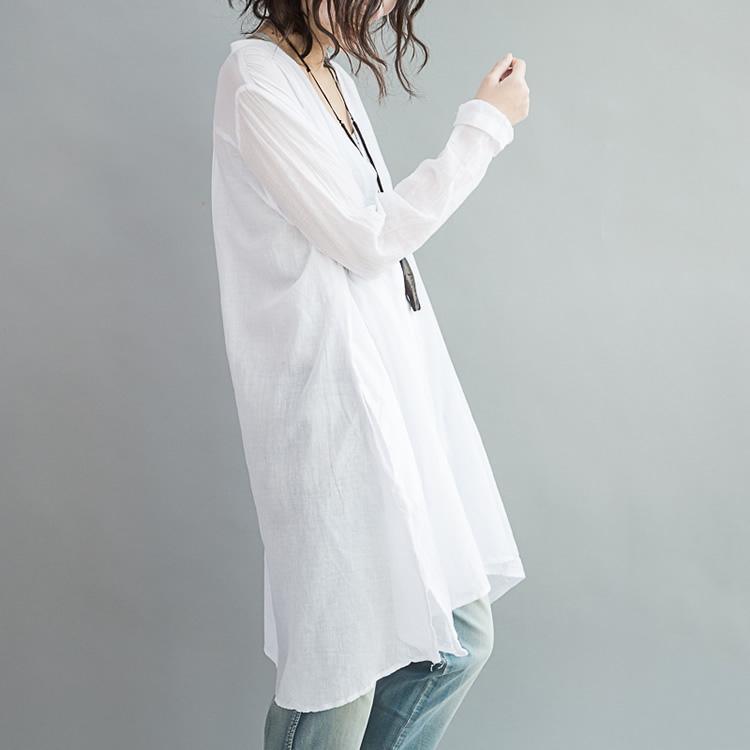 V neck oversize white cotton blouses tunic cotton dresses