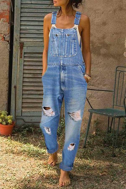 Antmvs Washed Ripped Hole Denim Overalls(3 colors)