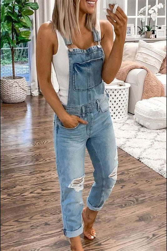 Antmvs Blue Casual Plain Denim Ripped Jumpsuit