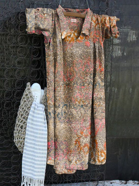 Vintage Print V-Neck Cotton Linen Loose Long Sleeve Dress