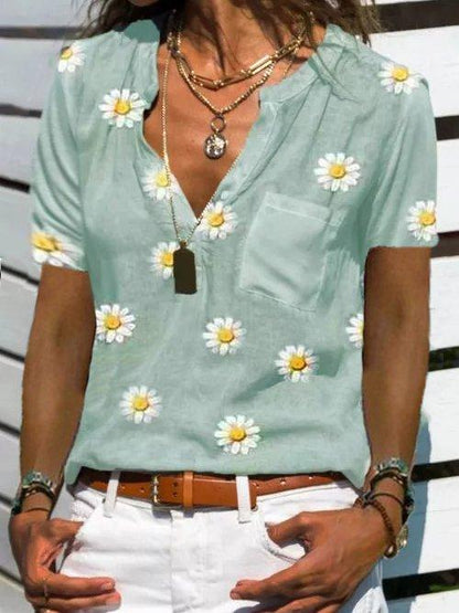 Short Sleeve Stand Collar Casual Floral Shirts & Tops