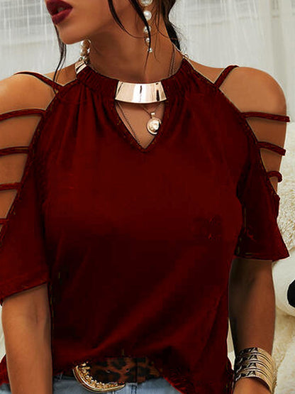 Short Sleeve Drawcord  Cotton-blend  Off Shoulder Halter Sexy  Summer  Wine Red Top