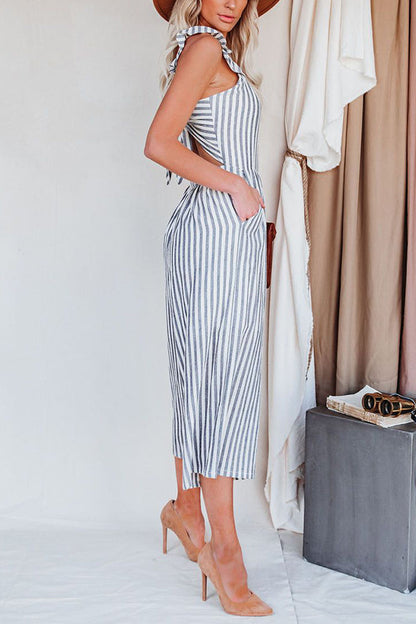 Antmvs Flip Side Pocketed Striped Ruffle Jumpsuit