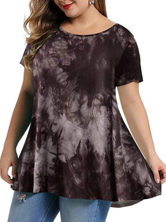 plus size l-6xl  a-line ombre/tie-dye short sleeve crew neck shirts & tops