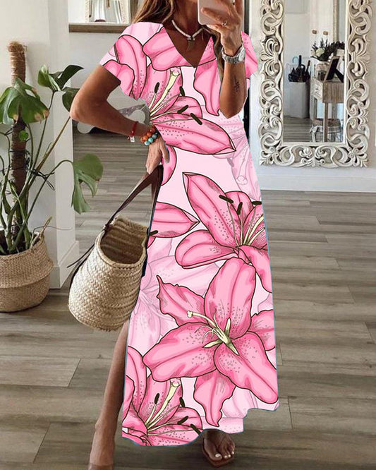 Casual Floral Print V-Neck Short Sleeve Hem Slit Maxi Dress