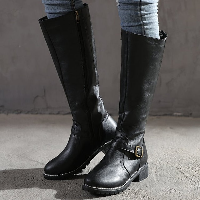 antmvs Autumn Boots  Women's Boots Riding Boots Knee High Boots Chunky Heel Round Toe PU Zipper Solid Colored Black Yellow Brown