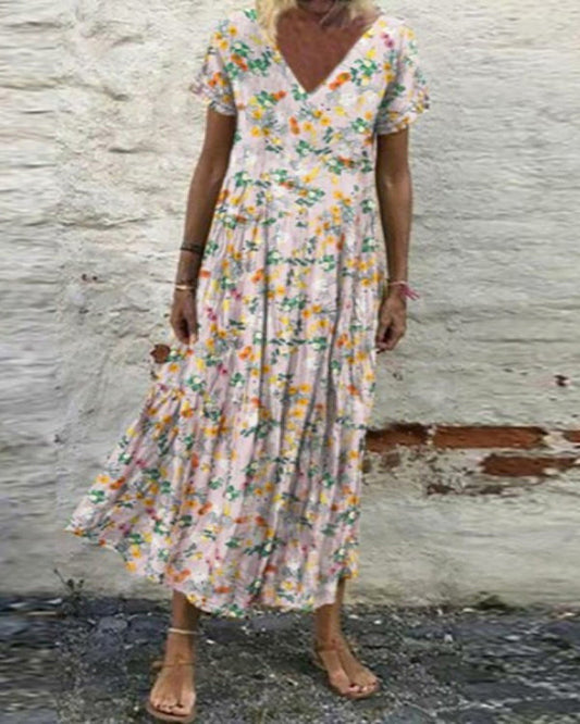 Casual Vintage Print Loose V-Neck Short Sleeve Maxi Dress