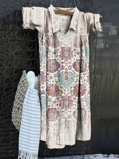 Vintage Print V-Neck Cotton Linen Loose Long Sleeve Dress