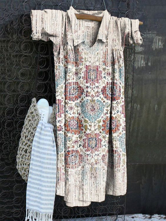 Vintage Print V-Neck Cotton Linen Loose Long Sleeve Dress