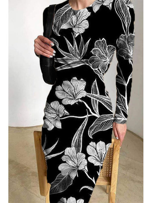 Printed Satin Pleats Elegant Slim Fit Crew Neck Maxi Dress