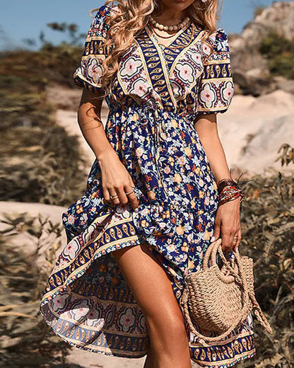 Casual Vintage Boho V-Neck Print Dress