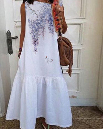 Casual Round Neck Floral Print Long Dress
