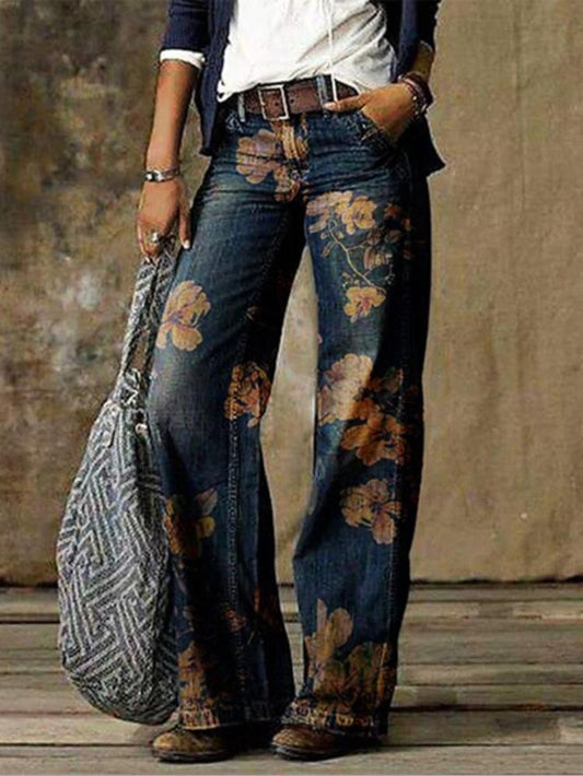 Antmvs Casual Plus Size Printed Wide-leg Jeans