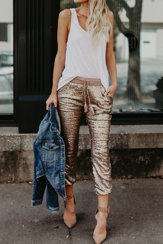 Antmvs Casual Sequin Elastic Waist Pants