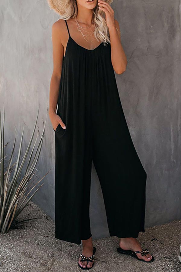Antmvs Casual Sling Solid Color Pocket Jumpsuit