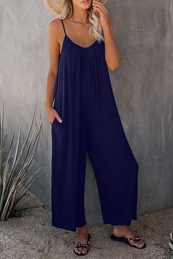 Antmvs Casual Sling Solid Color Pocket Jumpsuit