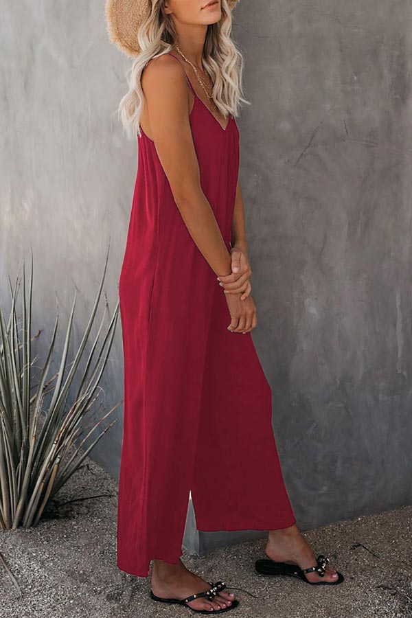 Antmvs Casual Sling Solid Color Pocket Jumpsuit