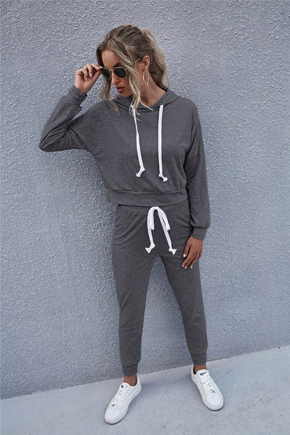Antmvs Casual Solid Color Lace-up Hoodie Set