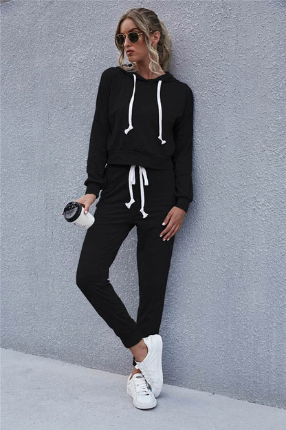 Antmvs Casual Solid Color Lace-up Hoodie Set