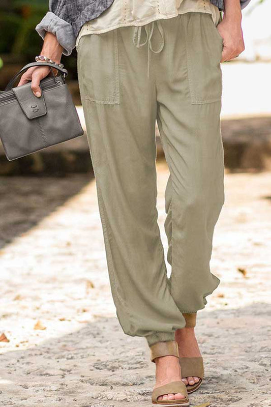 Antmvs Casual Solid Stretch Drawstring Pocket Trousers