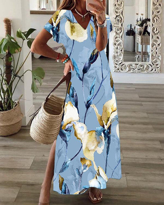 Casual Floral Print V-Neck Short Sleeve Hem Slit Maxi Dress