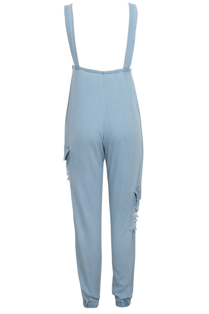 Antmvs Denim Zipper Pocket Ripped Jumpsuit