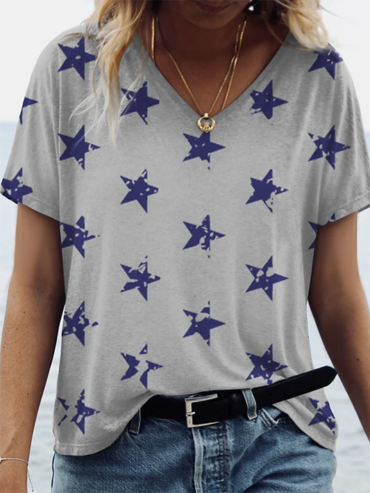 Printed V Neck Casual Short Sleeve Shirts & Tops