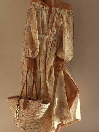 Vintage Casual Vacation Boho Off Shoulder Long Sleeve Print Dress S-5XL