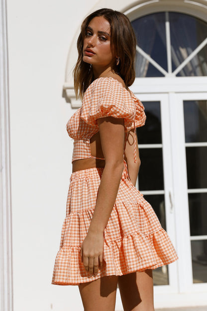 Antmvs Orange Plaid Crop Top and Skirt Sets
