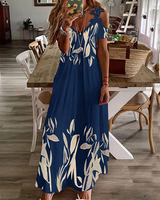 Casual V Neck Floral Print Long Dress