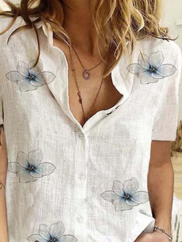 Short Sleeve Cotton-Blend Casual Floral-Print Shirts & Tops