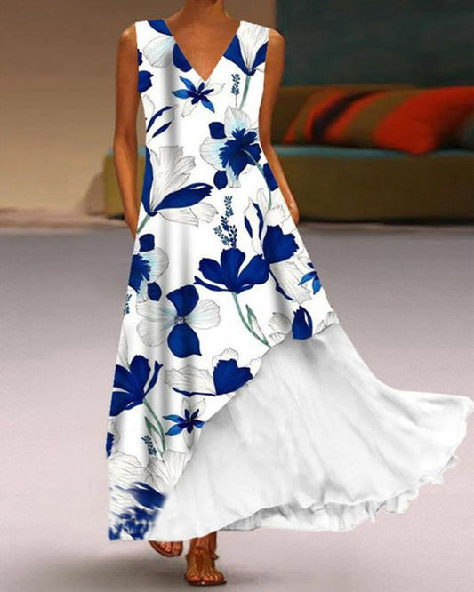 Casual Print V-Neck Sleeveless Dress Maxi Dress