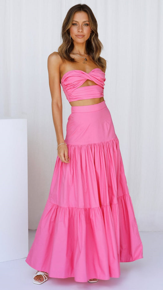 Antmvs Hot Pink Off Shoulder Top and Skirt Sets