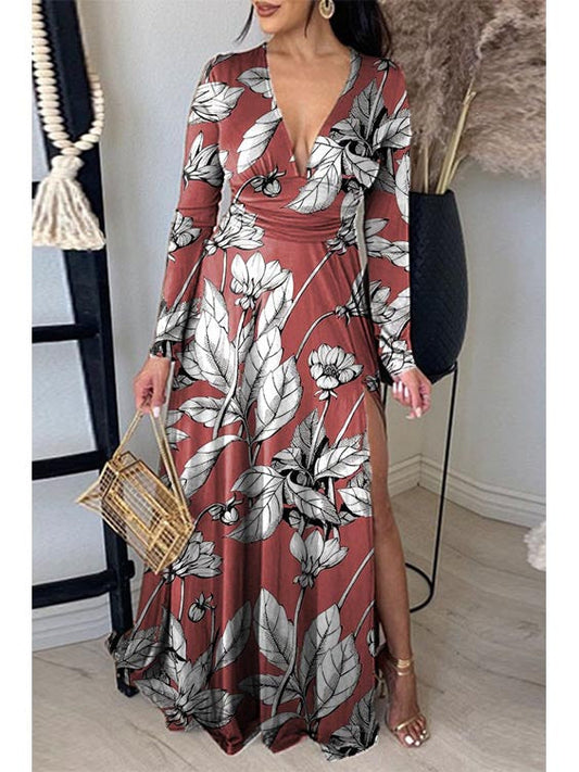 Printed Neck Pleated Elegant Slit V-Neck Maxi Dress