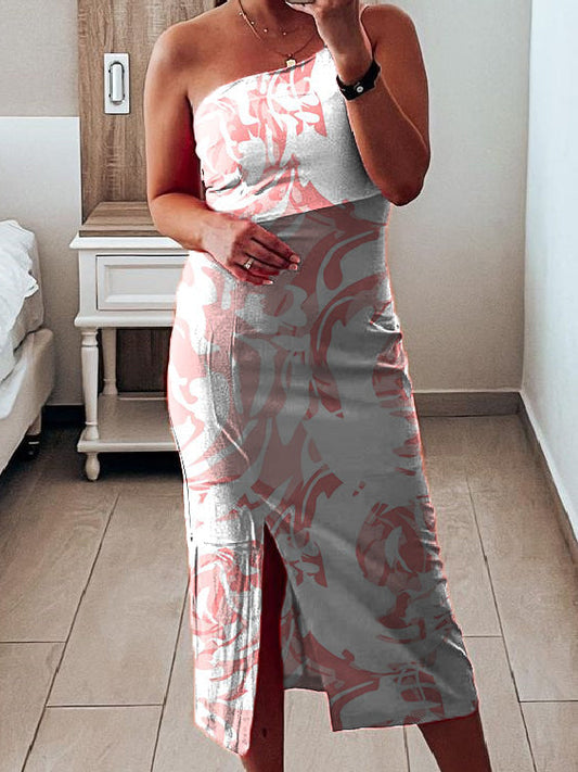 Printed Satin Elegant Fitted One-Shoulder Long Slit Dress