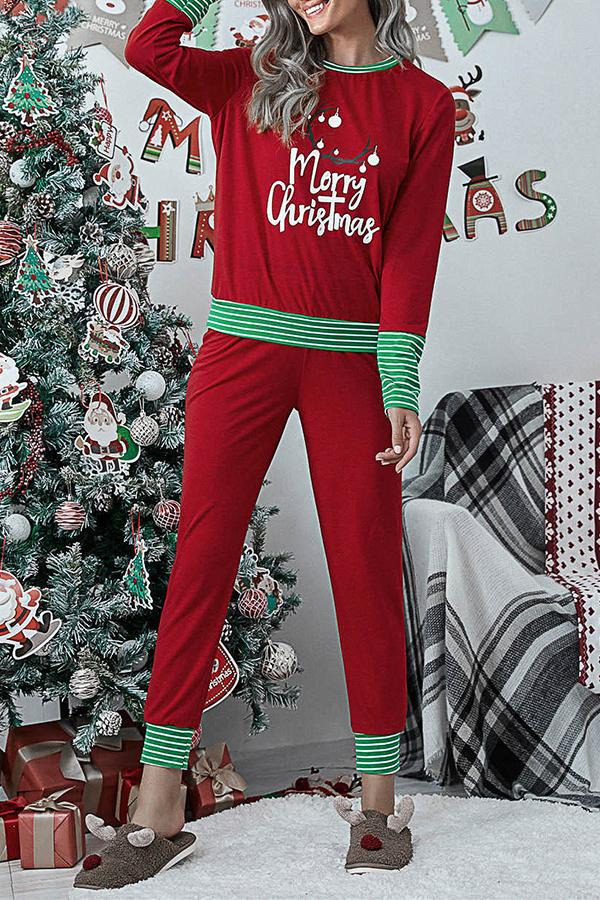 Antmvs Letter Christmas Stripe Print Pajamas Sets