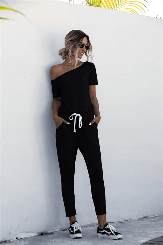 Antmvs Fashion Off The Shoulder Solid Color Jumpsuit