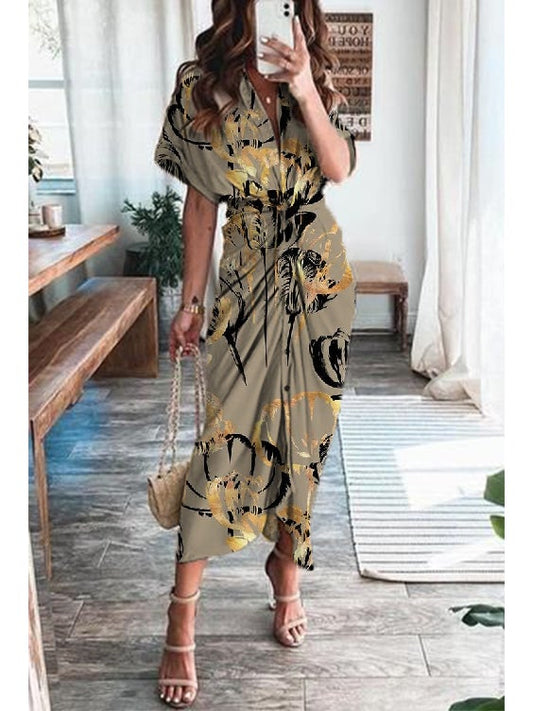 Print Satin Pleated Classy Bandage Shirt Dress