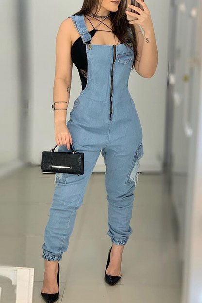 Antmvs Denim Zipper Pocket Ripped Jumpsuit