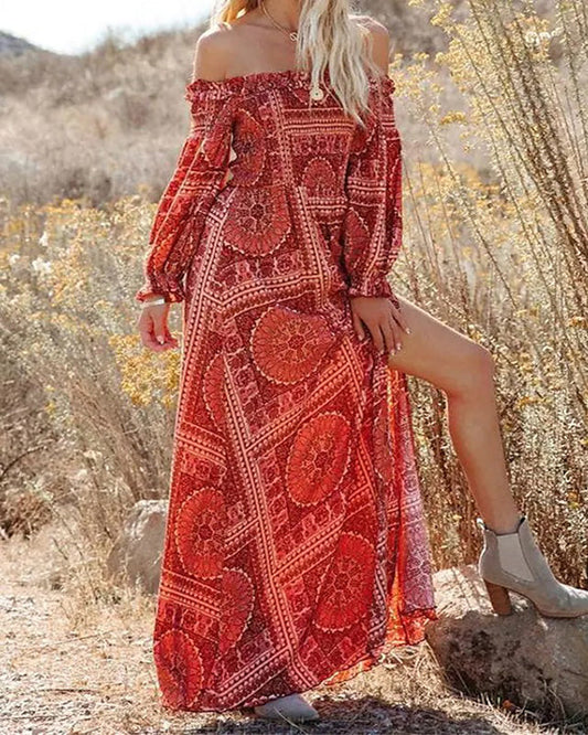 Red Long Sleeve Floral Off-the-Shoulder Boho Dress