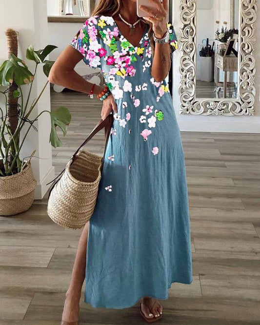 Casual Floral Print V-Neck Short Sleeve Hem Slit Maxi Dress