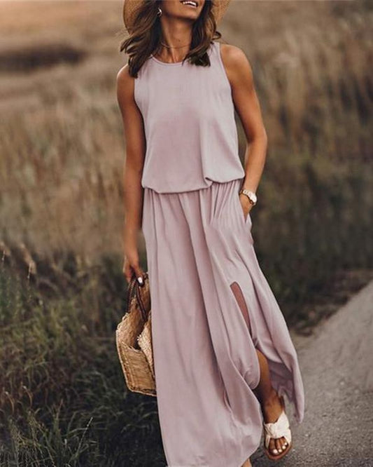 Solid Sleeveless Round Neck Holiday Daily Fashion Maxi Dresses