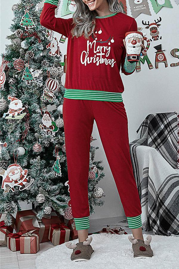 Antmvs Letter Christmas Stripe Print Pajamas Sets