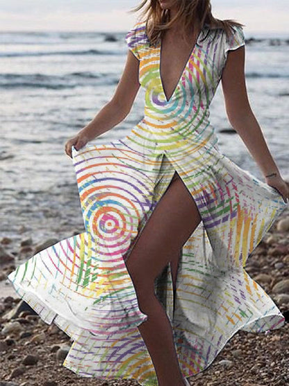 Printed V-Neck Split Beach Casual Dress