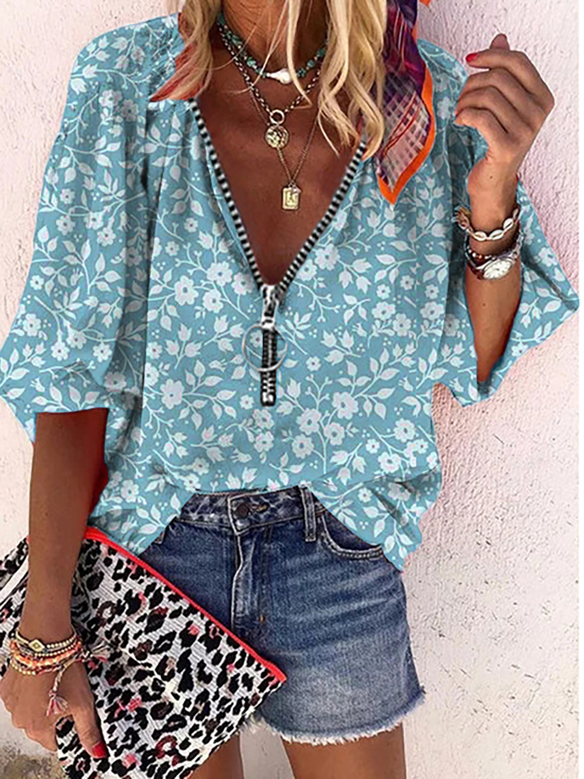 Plus size Floral Printed Sleeve Shirts & Tops